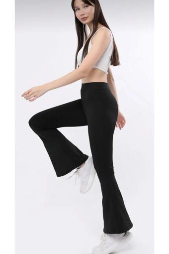 Dream Vogue Kadın Siyah Ispanyol Paça Dalgıç Kumaş Yüksek Bel Likralı Toparlayıcı Tayt Pantolon Dv540028