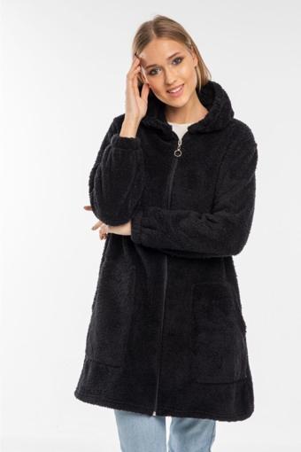 Moda Ugs Kadın Siyah Uzun Fermuarlı Polar Hırka