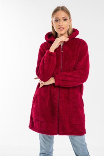 Vuslat Kadın Bordo Uzun Fermuarlı Kapüşonlu Polar Hırka