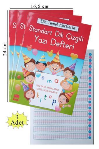 Güzel Yazı Defteri Orta Boy Dik Çizgili 16,5x24 cm 24 Yaprak 3 Adet Standart Dik Çizgili Yazı Defteri Dik Temel Harflerl