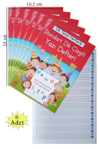 Güzel Yazı Defteri Orta Boy Dik Çizgili 16,5x24 cm 24 Yaprak 6 Adet Standart Dik Çizgili Yazı Defteri Dik Temel Harflerl