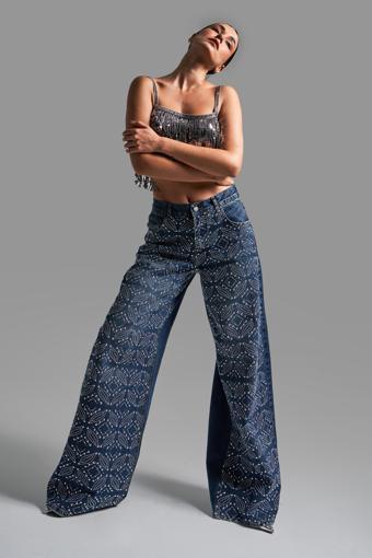 Kadın Koyu Mavi Renk T1-2W4-5 Palazzo Fit Etnik Parlak Taşlı Tasarım Denim Jean