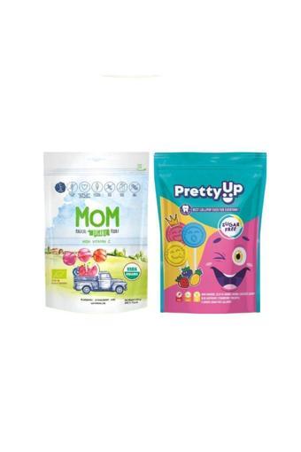 Mom Organik Lolipop 5,8 Gr X 10 Adet & Pretty Up Şekersiz Diş Dostu Yassı Lolipop 5,5 Gr X 10 Adet