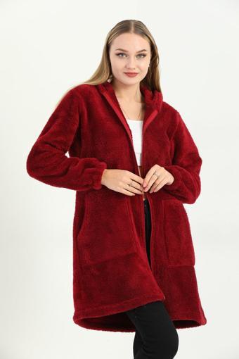 Kardelen Butik Ümraniye Welsoft Fermuarlı Kapüşonlu Uzun Polar Hırka Bordo