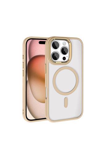 Nsm Tech Apple İphone 16 Pro Kılıf Wireless Şarj Özellikli Zore Krom Magsafe Silikon Kapak-Gold