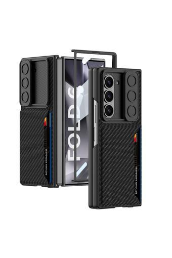 Nsm Tech Galaxy Z Fold 6 Kılıf Kamera Korumalı Karbon Fiber Arka Yüzey Zore Kartlıklı Kıpta Sert Kapak-Siyah