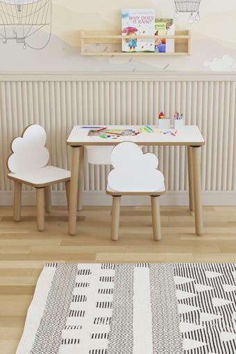Pofitto Montessori Çocuk Masası-Oyun Masası-Aktivite Masası-Etkinlik Masası Takımı 2 Bulut Sandalye
