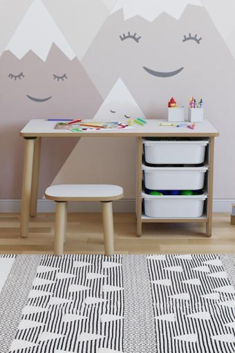 Pofitto Çocuk Masa Takımı 90X45 Cm 3 Sepetli Çocuk Çalışma Masası Aktivite Masası Yaz-Sil 1 Adet Tabureli