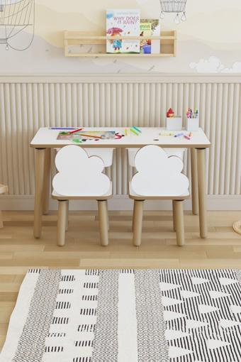 Pofitto Montessori Çocuk Masası-Oyun Masası-Aktivite Masası-Etkinlik Masası Takımı 2 Bulut Sandalye