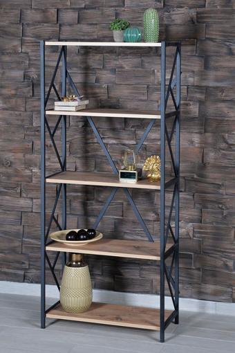 Mavera Home Metal Kitaplık 5 Raflı Dekoratif Kitaplık Atlantik Çam 