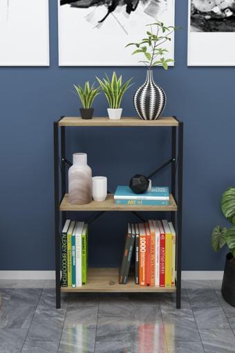 Vay Life Metal Kitaplık 3 Raflı Dekoratif Kitaplık Ceviz 