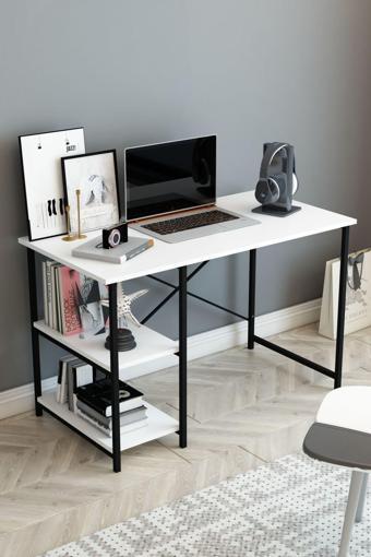 Dizaynmotion 2 Raflı Çalışma Masası 60X120 - Bilgisayar Ofis Ders Masası Beyaz 60x120