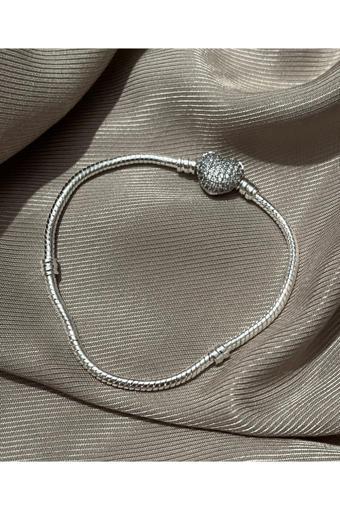 Asafaccessory Taşlı Kalp Klips Charm Takılabilir Bileklik Gümüş Kaplama Gümüş 17 cm