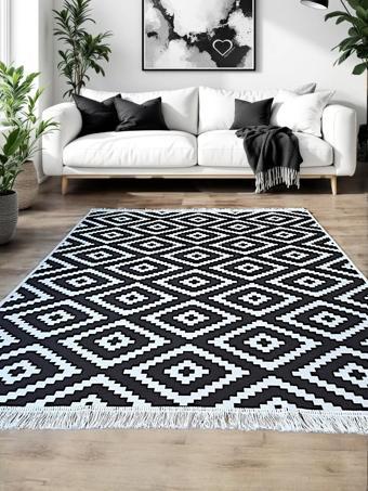 Kilim Çift Taraflı Kullanılabilir Makinede Yıkanabilir Siyah Beyaz Dokuma Kilim ,Yolluk , Paspas SWLRUG001
