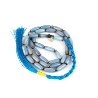 Sıkma Kehribar Uzun Arpa Kesim7x12mm Tesbih - Açık Mavi