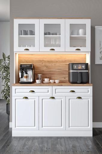 GuneyStore - Gözde Kahve Köşesi - 140 cm MDF Mutfak Dolabı - LED Aydınlatmalı - Ücretsiz Montaj