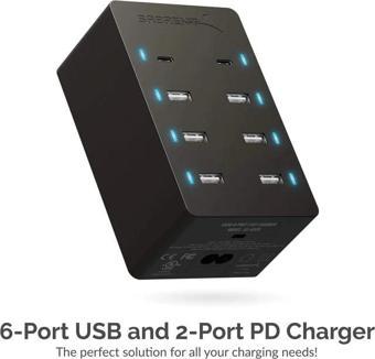 SABRENT 100 Watt Çoklu Bağlantı Noktalı USB Hızlı Şarj Cihazı (AX-ADPD) 8-Port