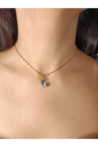 Yzc Unique Accessories Kelebek Figürlü Zirkon Taşlı Mavi Hilal Kolye 316L Kararmaz Çelik