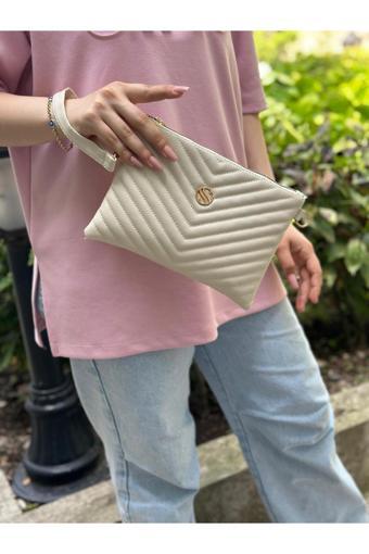 Kadın Suni Deri Krem Renkli Ayarlanabilir Çapraz Ve El Askılı Portföy, Clutch Çanta