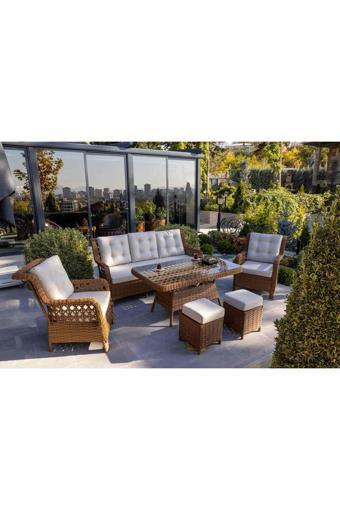 Grass Garden Açelya Rattan 3 1 1 Masa Bahçe Balkon Mobilyası Alüminyum Üzeri Örgü Rattan