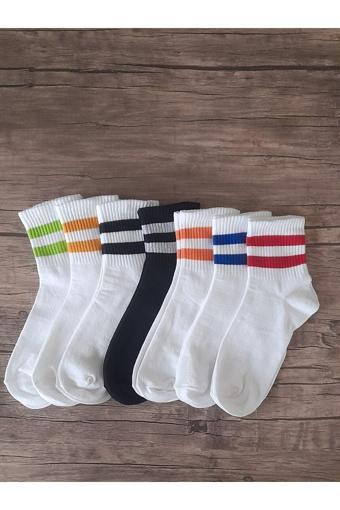 Sockshion Unisex Beyaz Çizgili Pamuklu Yarım Konç Çorap 7'Li Paket Rahat Ve Şık