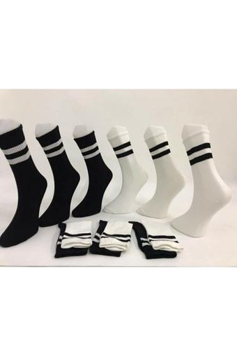 Aymiray Çorap Unisex 6' Lı Siyah Beyaz Uzun Çizgili Tenis Çorabı