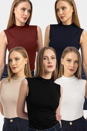 Vodens Kadın Siyah Kahve Bej Lacivert Beyaz 5'Li Kolsuz Body Bluz