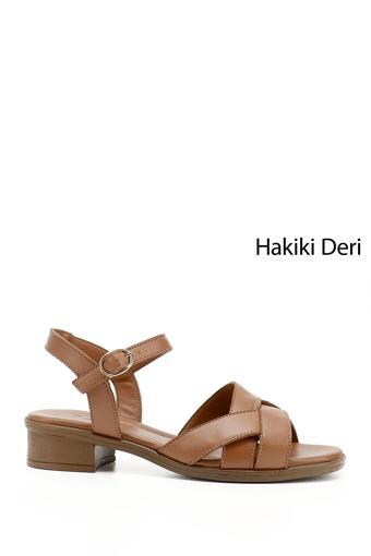 Kadın Taba Antik Kısa Kalın Topuklu Hakiki Deri Sandalet