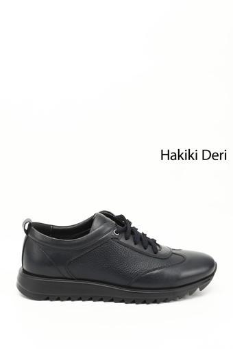 Erkek Lacivert Hakiki Deri Bağcıklı Sneaker