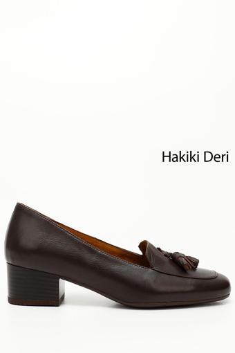 Kadın Kahve Antik Küt Burun Kısa Kalın Topuklu Hakiki Deri Ayakkabı