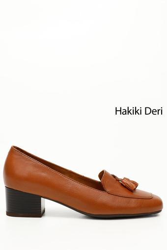 Kadın Taba Antik Küt Burun Kısa Kalın Topuklu Hakiki Deri Ayakkabı