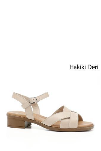 Kadın Bej Antik Kısa Kalın Topuklu Hakiki Deri Sandalet