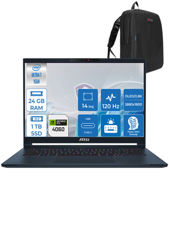 MSI Stealth 14 Aı Studıo Ultra 7 155H 24GB Ddr5 1tb SSD 8GB/RTX4060/105W 14" 2.8k OLED 120Hz Freedos Taşınabilir Bilgisayar MSA1VFGF04 + Zettaçanta