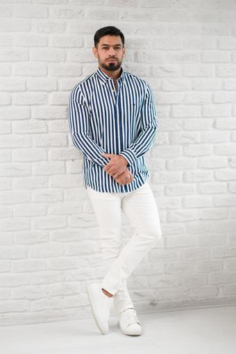Paul Martin Kalın Çizgili Yaka Düğmeli Cepsiz Regular Fit Gömlek