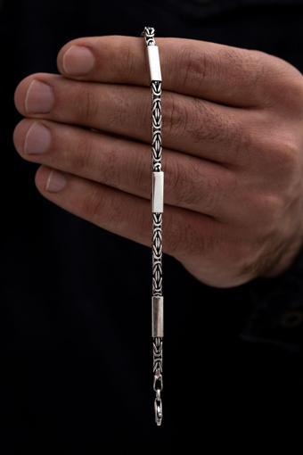 Osmanlı Gümüş Kare Parçalı Erkek Kral Gümüş Bileklik Künye 2,8Mm Orta Kalınlıkta