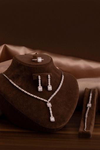 Osmanlı Gümüş Kadın Gümüş Takı Seti - Ayfer Baget Taşlı Kare Model Kolye, Bileklik, Yüzük, Küpe Tam Set