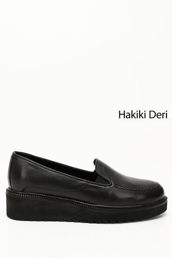 Kadın Siyah Dolgu Taban Hakiki Deri Ayakkabı