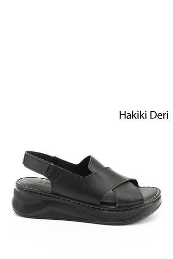 Kadın Siyah Cırt Bantlı Dolgu Topuklu Hakiki Deri Comfort Sandalet