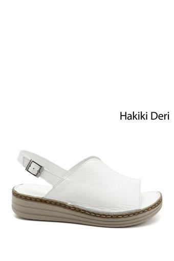 Kadın Beyaz Dolgu Topuk Hakiki Deri Comfort Sandalet