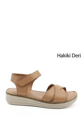 Kadın Taba Cırt Bantlı Dolgu Topuklu Hakiki Deri Comfort Sandalet