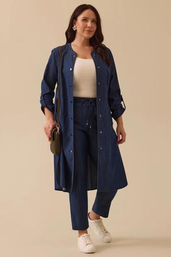 Galaxi Kadın Büyük Beden Cepli Katlanabilir Kollu Jean Tunik 4005 Indigo