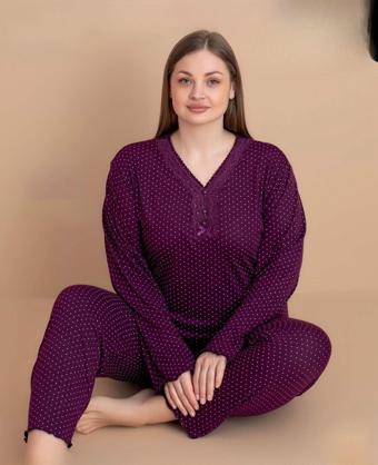 Pijamerry Kadın Büyük Beden Dantel Yaka Bambu Uzun Kol İnce Pijama Takımı 5541 - 1 Adet