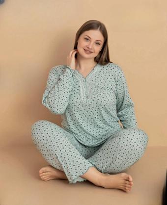 Pijamerry Kadın Büyük Beden Dantel Yaka Bambu Uzun Kol İnce Pijama Takımı 5670 - 1 Adet