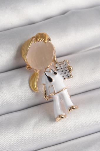 Pirinç Gold Renk Beyaz Mineli Doktor Model Kadın Broş - TJ-BR406