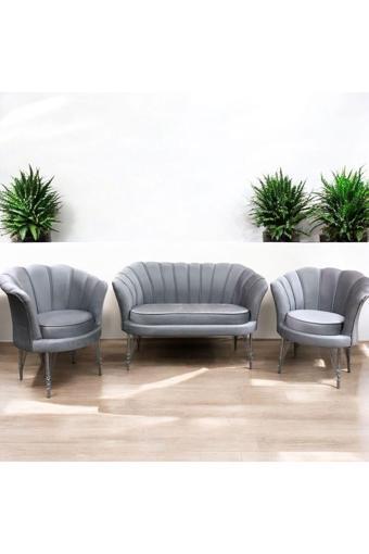 Garden House Gri Kumaş Krom Metal Ayaklı  Ofis Koltuk Takımı Bekleme Koltuğu Çay Seti Koltuk Takımı