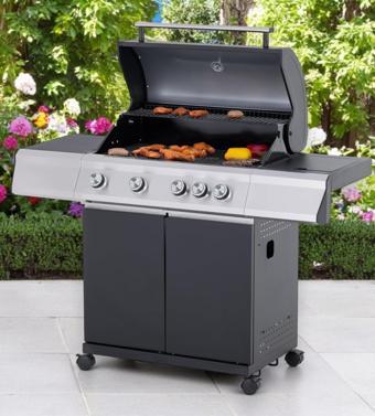 Paxton Gazlı Mangal 4+ 1 Brülörlü Büyük Barbekü Döküm Izgara Kapaklı Termometreli Mangal