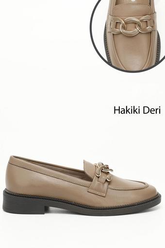 Kadın Vizon Antik Tokalı Hakiki Deri Loafer Ayakkabı