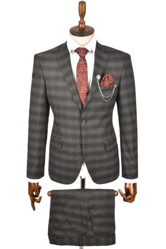 DeepSEA Erkek Antracite Slim Fit Kesim Ekose Desenli Çift Düğme Tek Yırtmaç 2 Li Takım Elbise 2300271