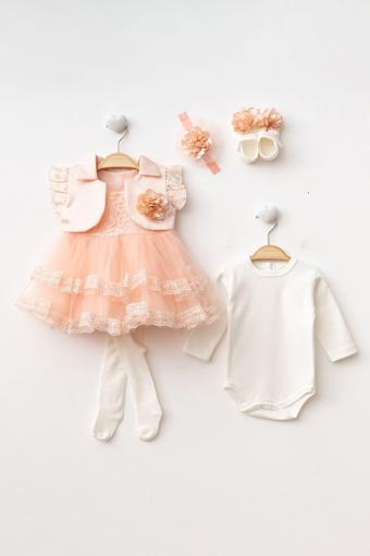 Ponpon Baby Kız Bebek Çiçekli Ceketli 6 Parça Lüks Mevlüt Elbisesi Yenidoğan Elbise Bebek Hediyelik