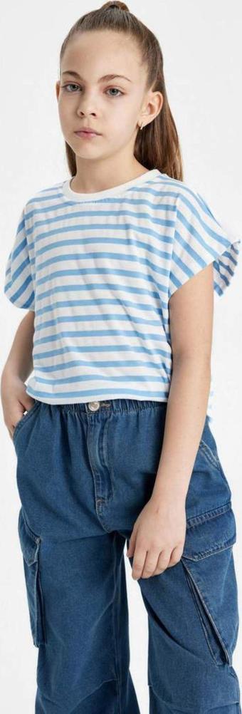 Defacto B6697A8 Kız Çocuk Oversize Fit Jersey Çizgili Kısa Kollu Tişört